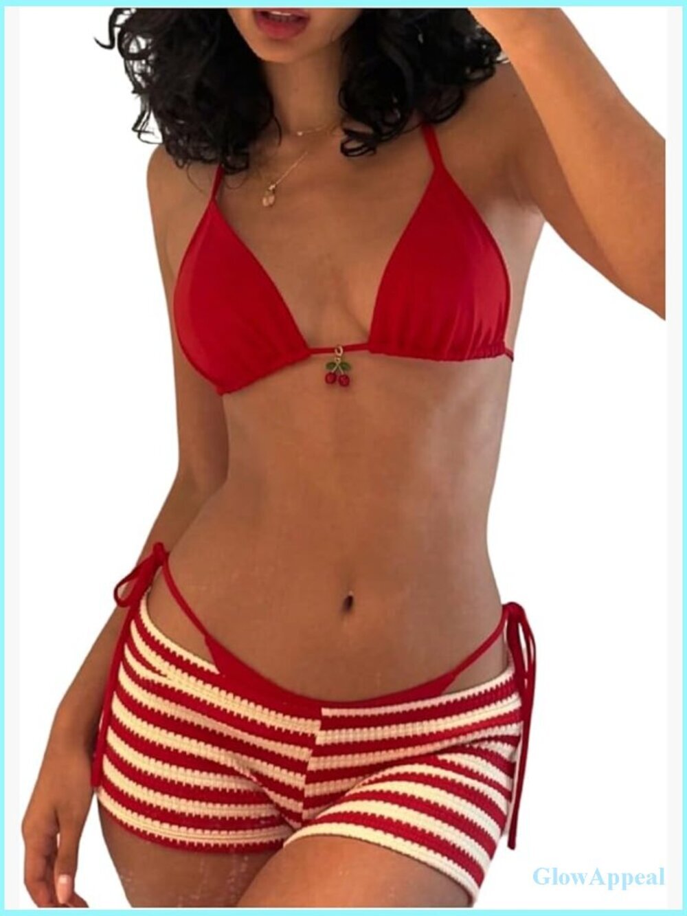 Striped Triangle Bikini Set High Waisted Thong with Cover Up Shorts 3 Piece